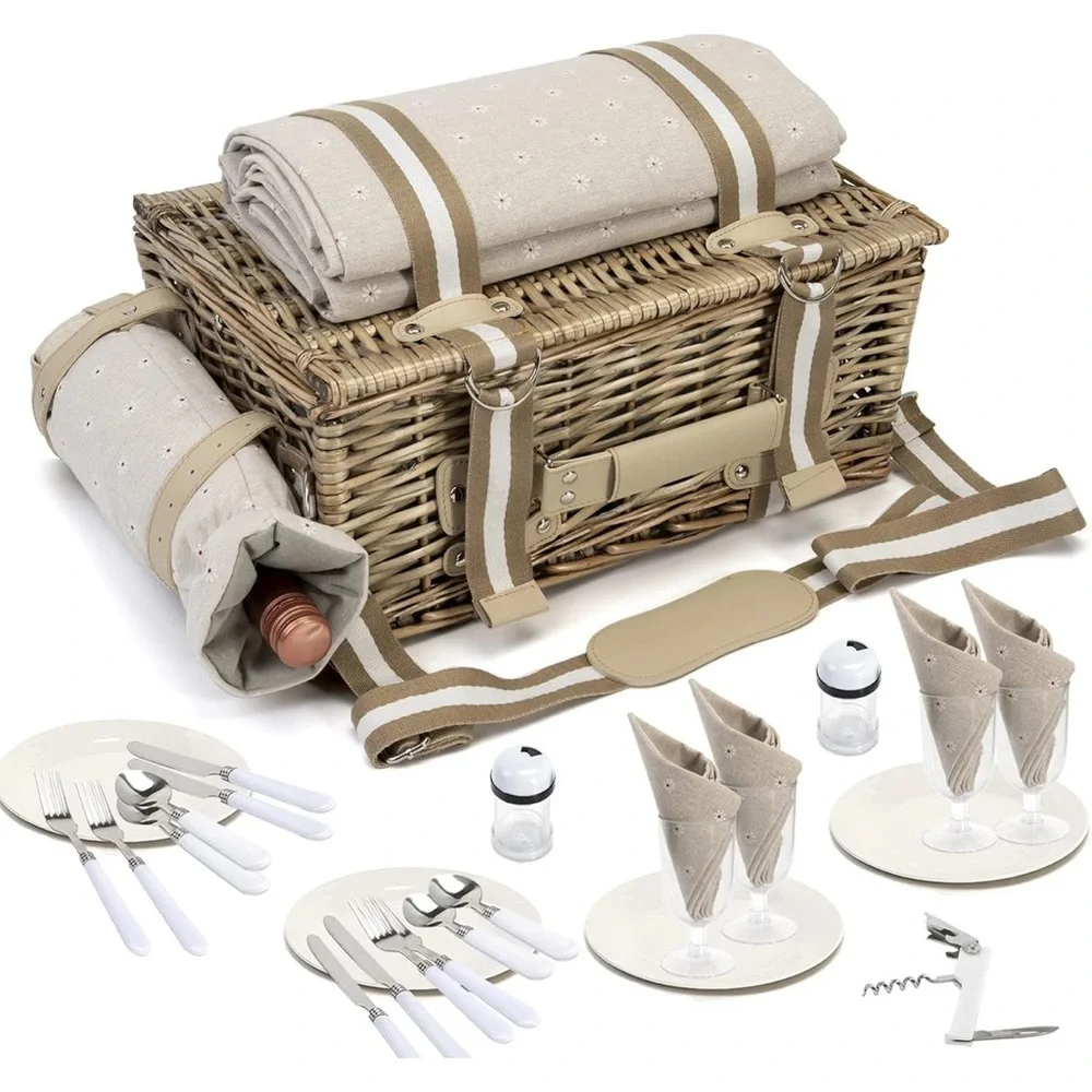 Picnic Basket Set for 4 w/‎ Insulated Liner Waterproof Blanket